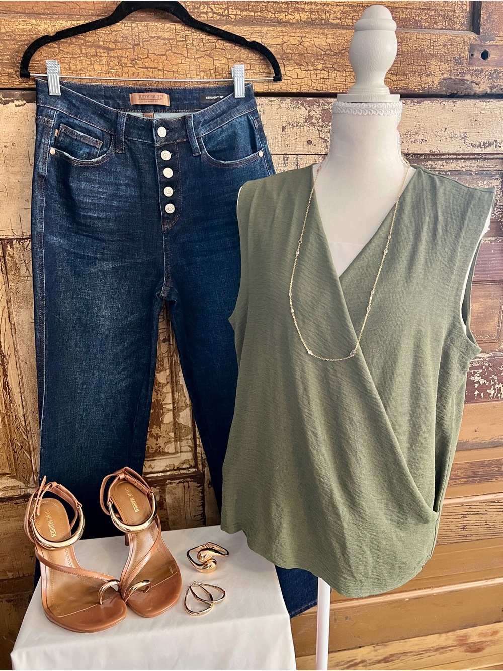 Halogen | Olive Green Wrap Front Sleeveless Blouse | NWOT | Size L